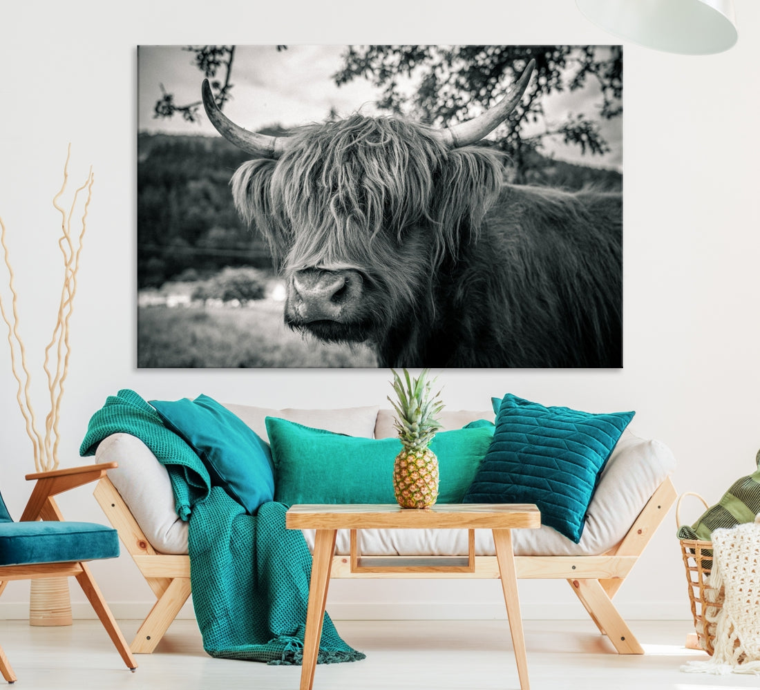 Beautiful Highland Cow Wall Art Large Canvas Print Black and White Wall Decor