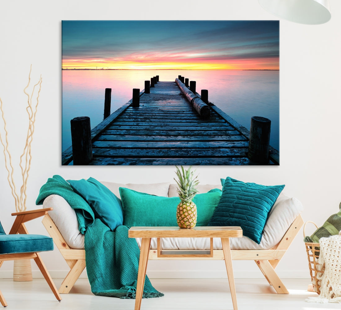 Fantastic Sunset over the Horizon Old Pier Seascape Ocean Wall Art Canvas Print