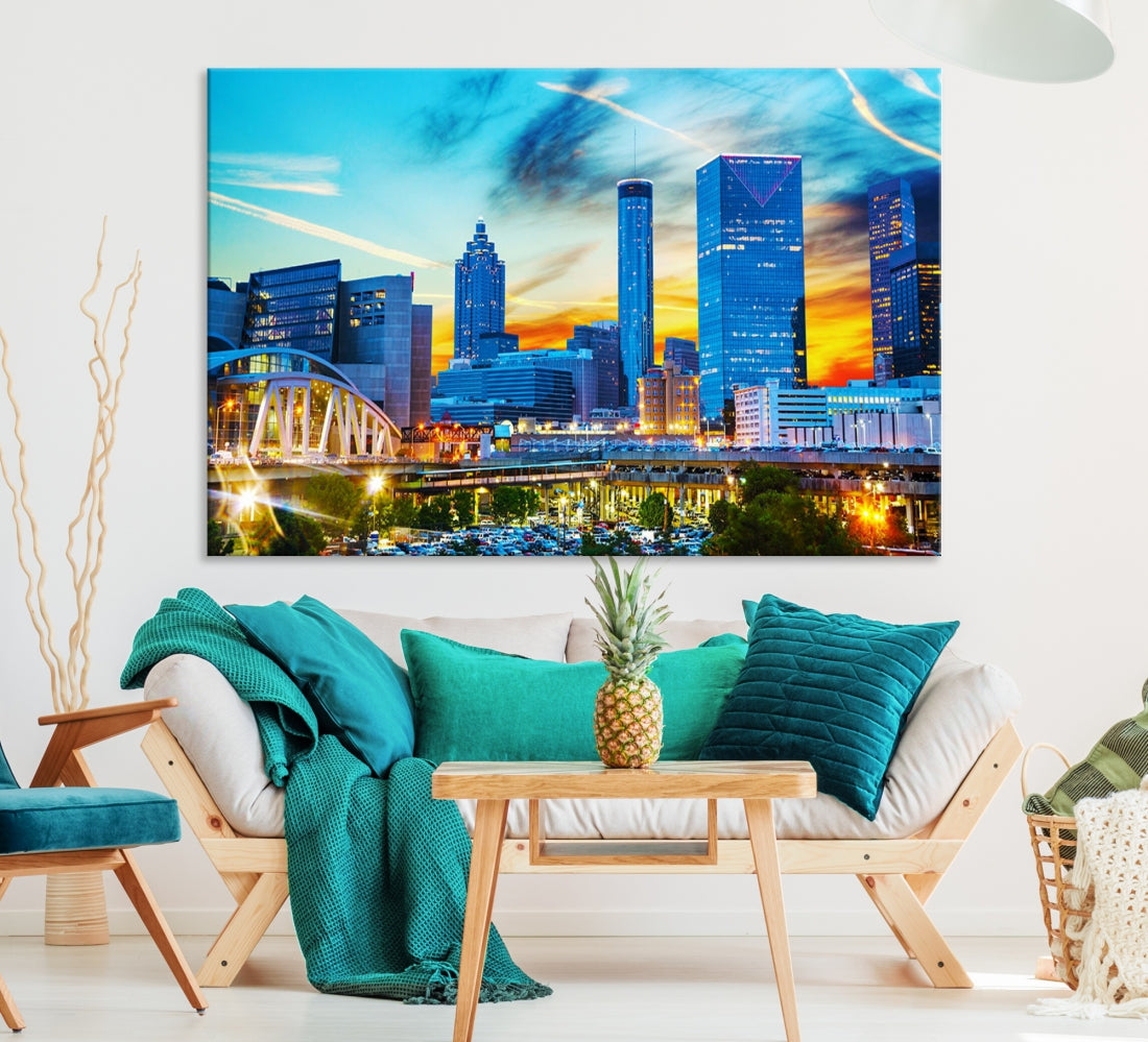 Mesmerizing Atlanta City Sunset Blue Skyline Cityscape Large Canvas Wall Art Print