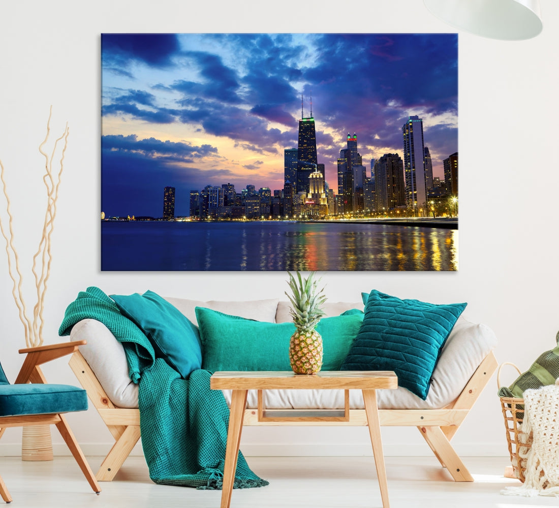 Blue Chicago Night Skyline Downtown Cityscape Large Wall Art Canvas Print