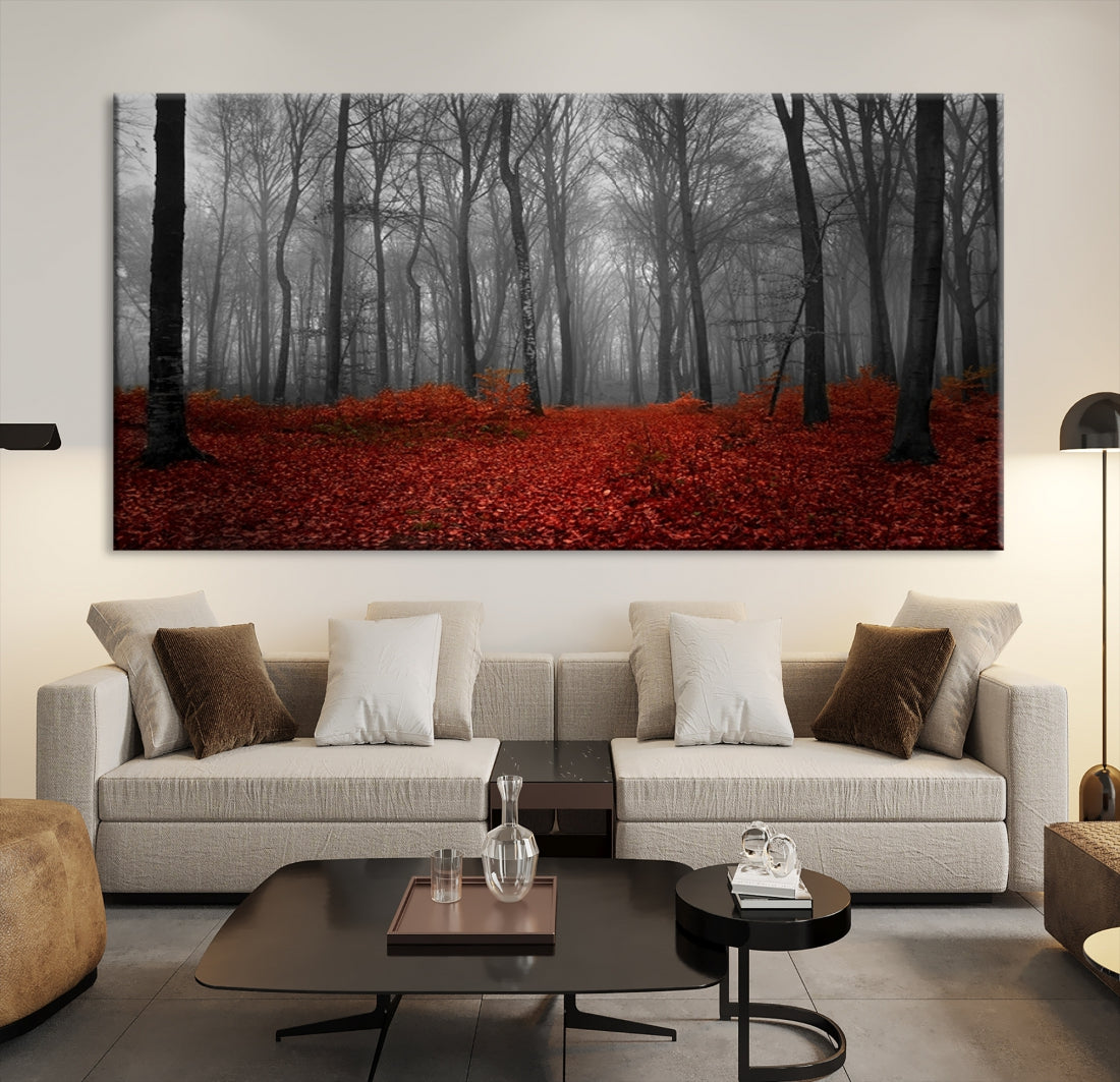 Foggy Forest with Red Leaves Autumn Landscape Giclee Canvas Extra Large Wall Art Print