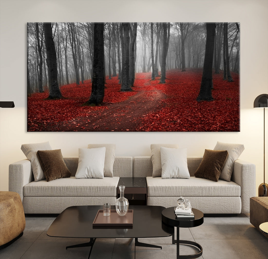 Wonderful Forest with Red Leaves on Ground Large Wall Art Landscape Canvas Print