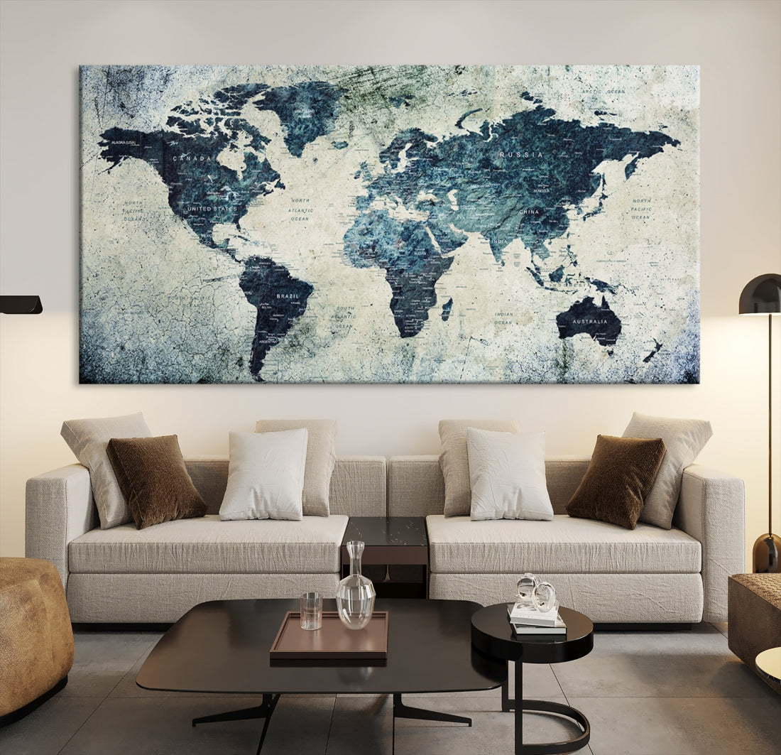 Extra Large World Map Wall Art Watercolor Painting on Canvas Print Grunge Vintage Decor