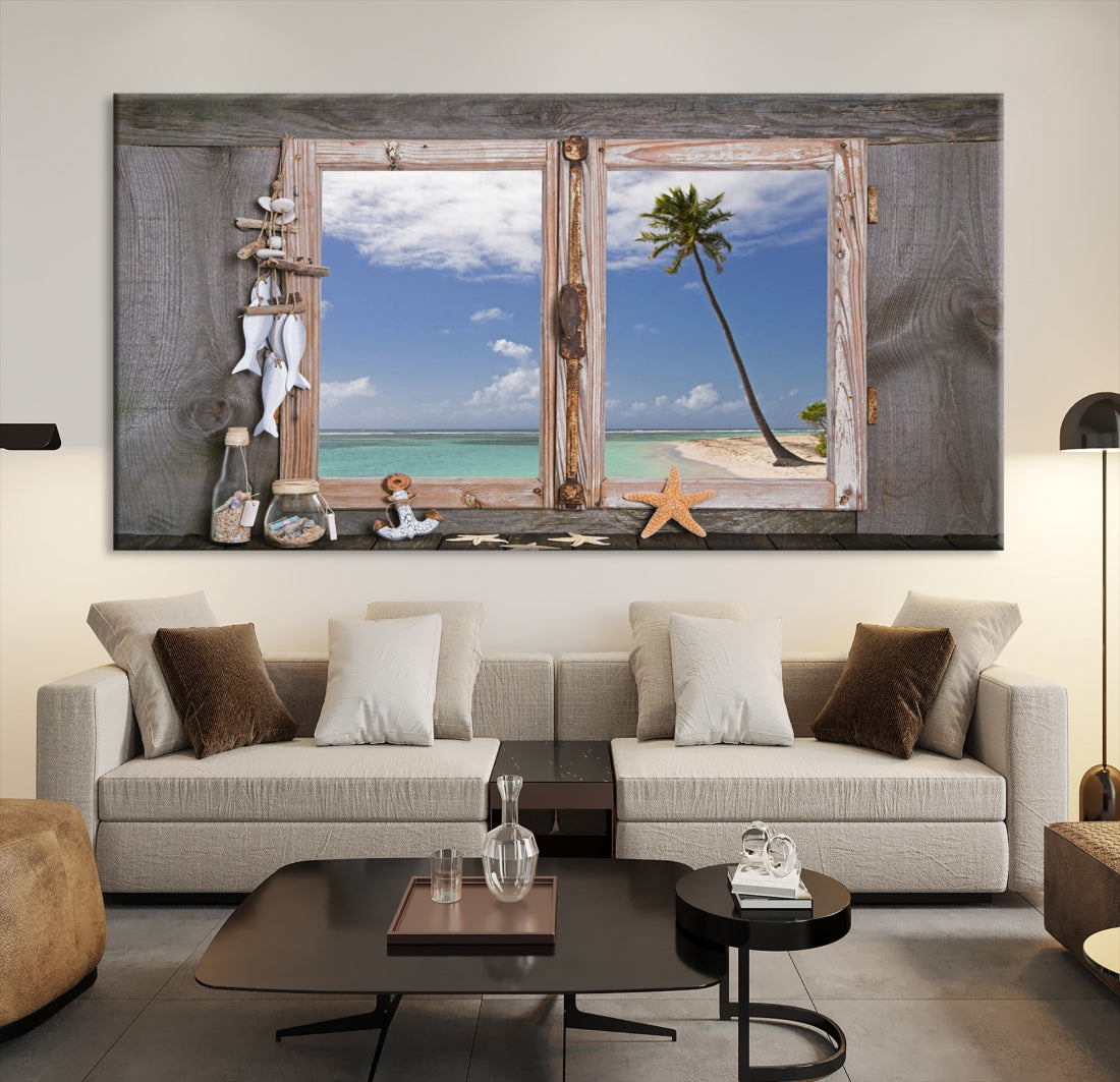 Large Window Wall Art Relaxing Beach Photo Canvas Art Print Starfish Seashells Nautical Art Framed Ocean Artwork