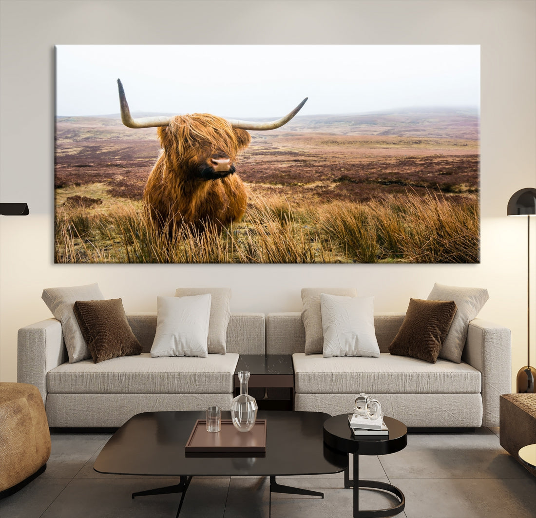 Highland Cow Canvas Wall Art Print Mountain Landscape Animal Canvas Art Home Office Decor Artwork for Living Room Framed and Stretched Ready to Hang Split Art Large Canvas Picture