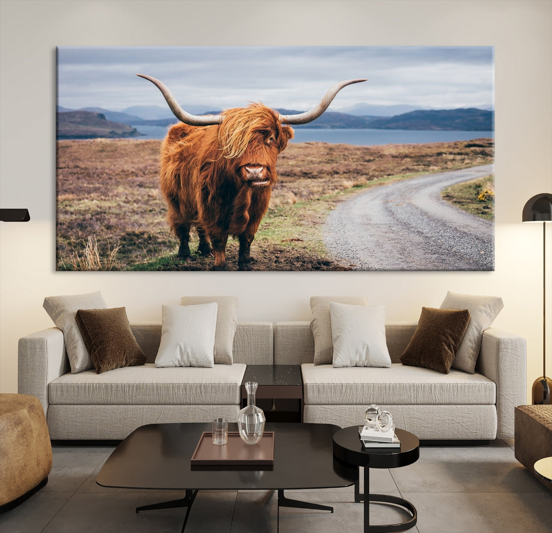 Highland Cow with Big Horn Canvas Wall Art Animal Photo Print Wall Decor