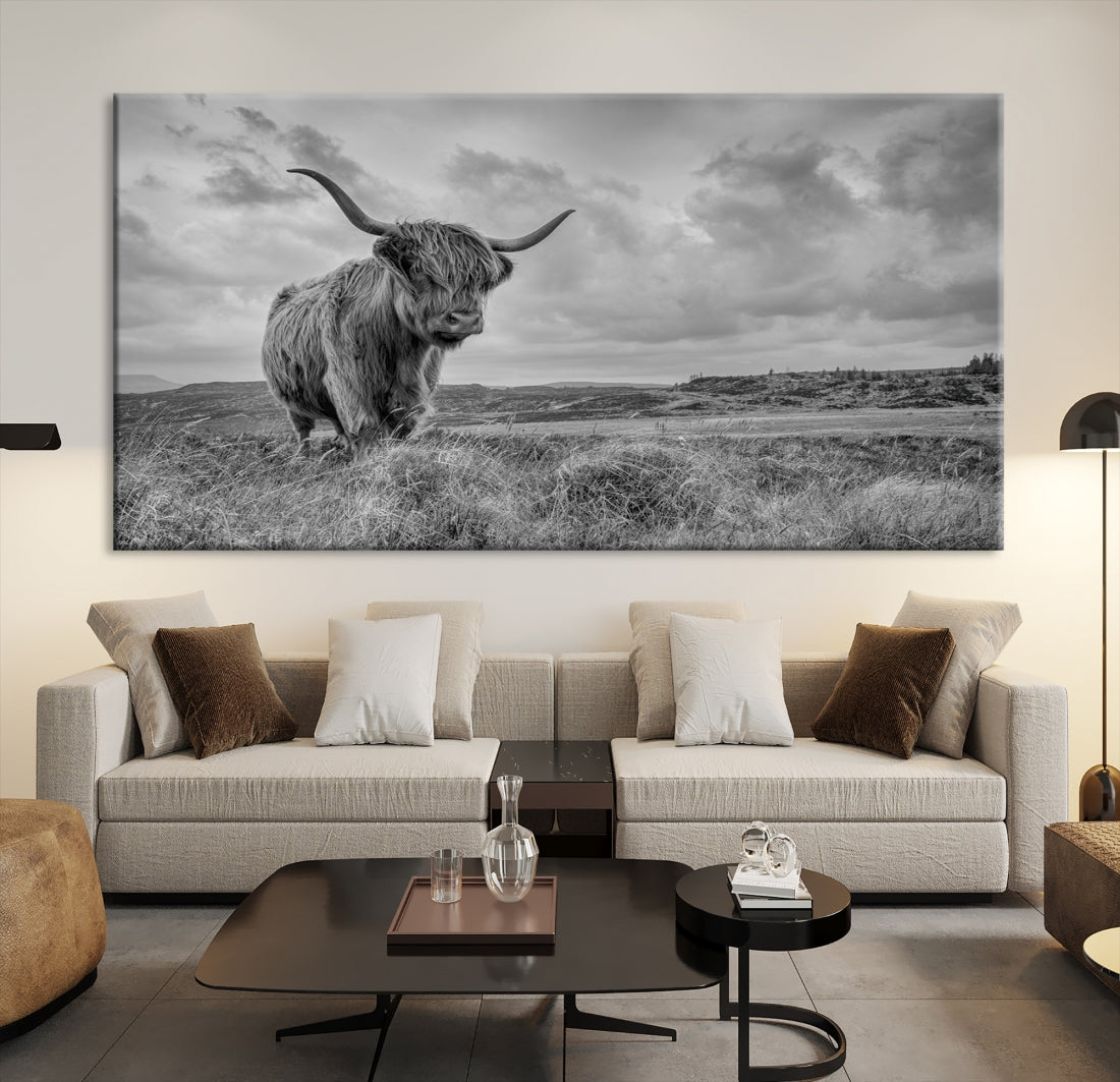 Grayscale Highland Cow Canvas Art Print Extra Large Animal Picture Print on Canvas