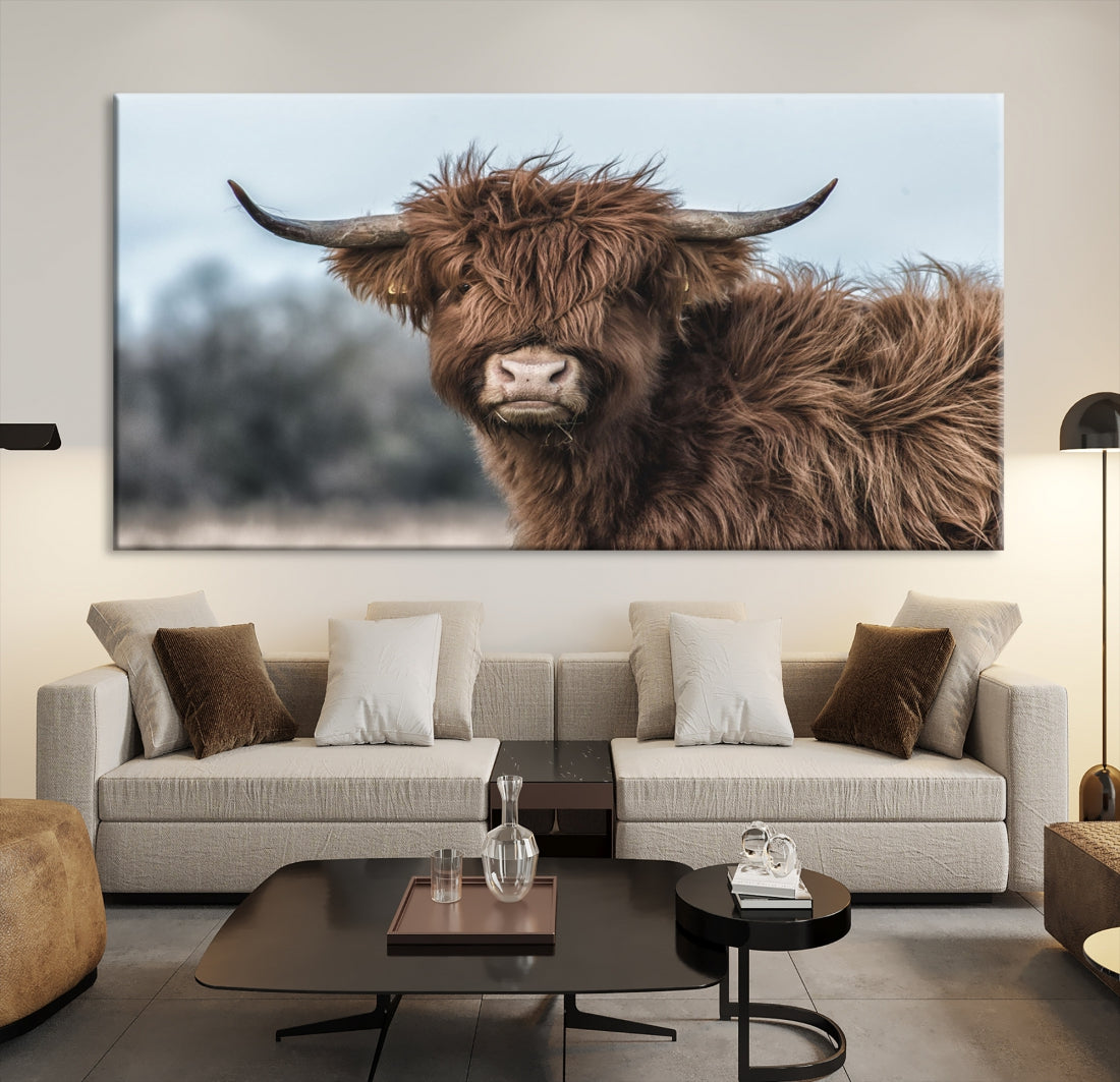 Fluffy Highland Cow Photograph Large Wall Art Canvas Print Cute Animals Picture Wall Decor Artwork for Living Room Farmhouse Printable Art Housewarming Gift Modern Home Art Decor