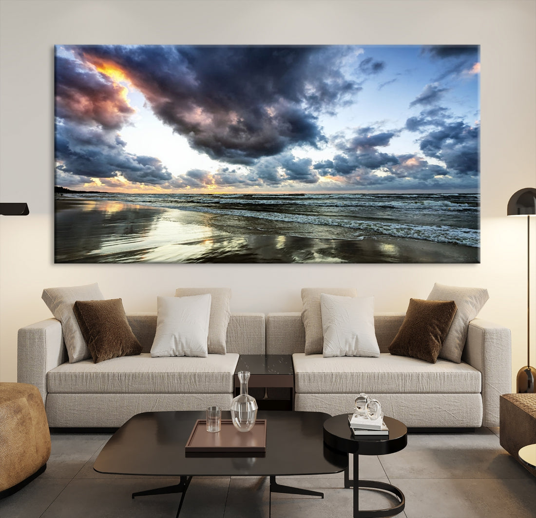 Cloudy Sky Calm Ocean Beach Nature Large Framed Canvas Art Print