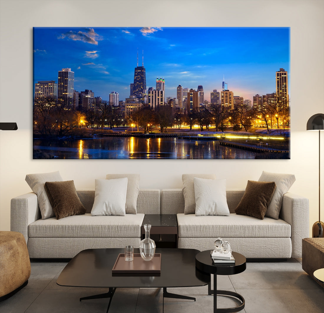 Large Chicago Skyline Wall Art Night Cityscape Canvas Print Home Decor