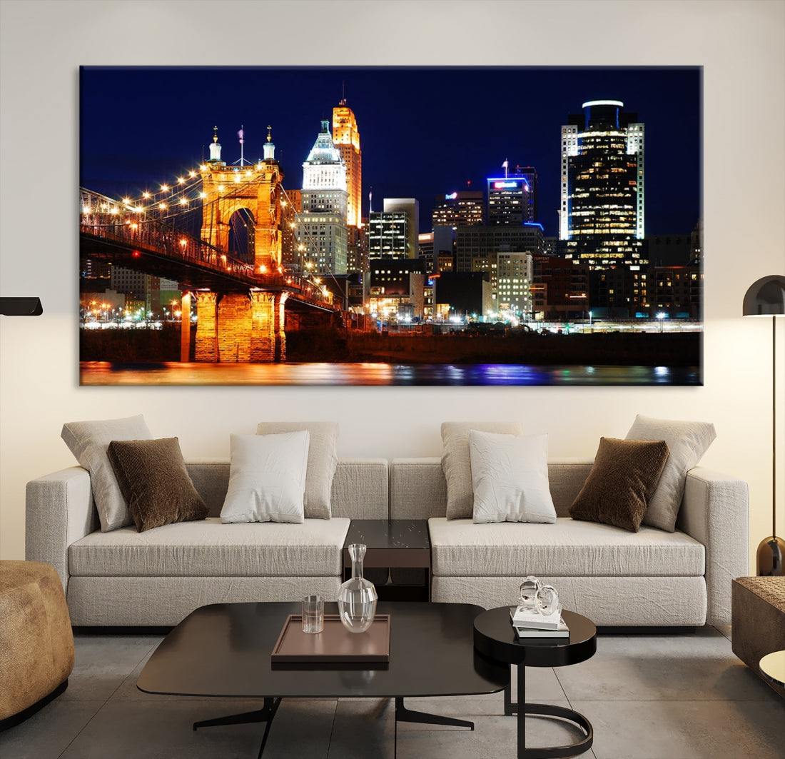 Cincinnati Bright Lights Night Skyline Canvas Wall Art Framed Print