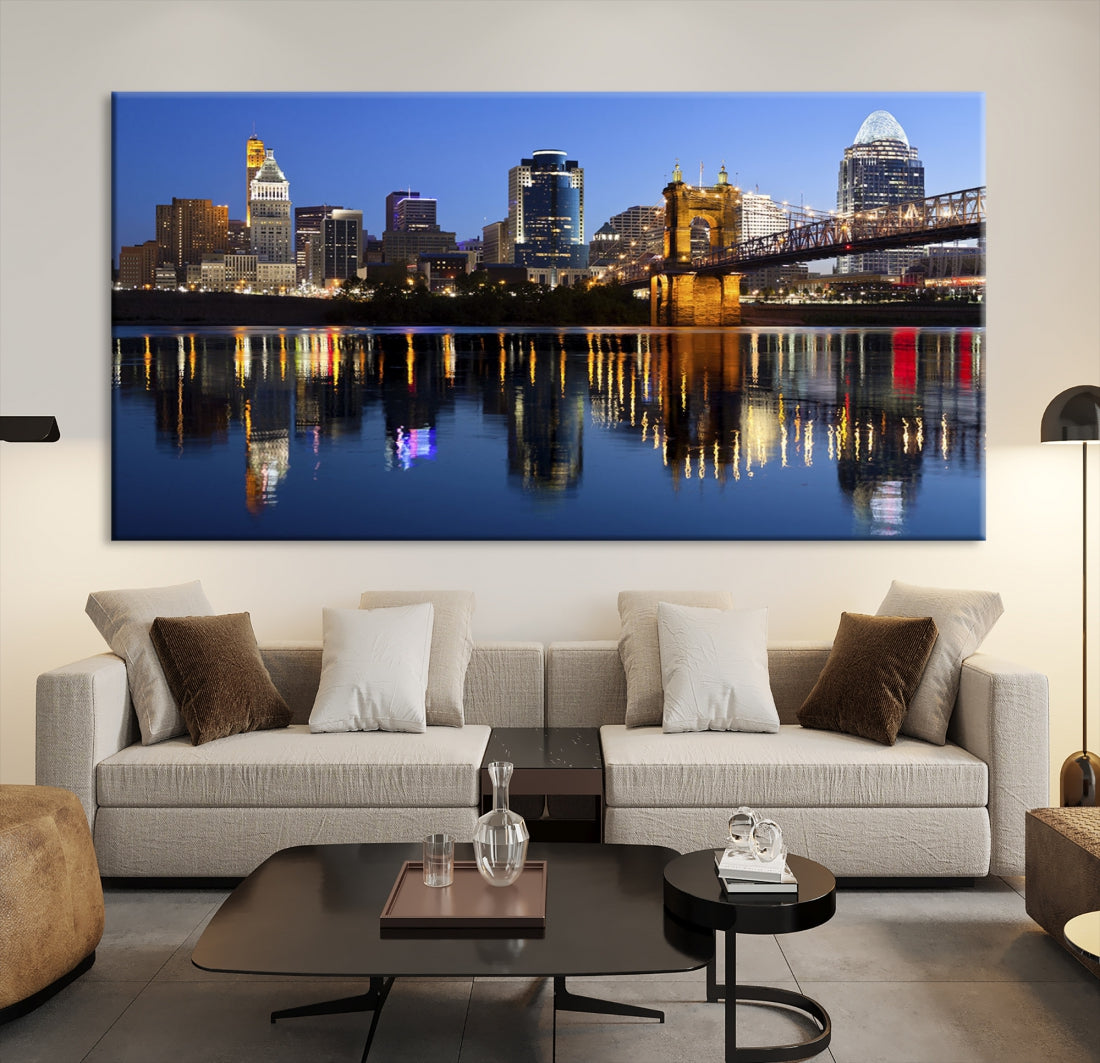 Cincinnati Night Skyline Reflections Large Cityscape Wall Art Canvas Print