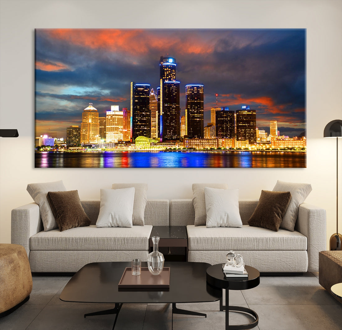 Bright Detroit Skyline Picture Print Skyline Wall Art Canvas Ready to Hang