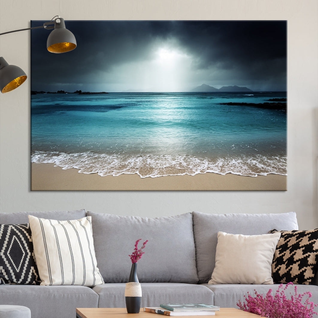 Dark Sky Bright Ocean Beach Large Wall Art Canvas Print