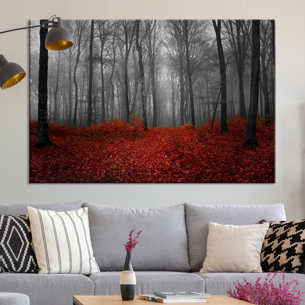 Foggy Forest with Red Leaves Autumn Landscape Giclee Canvas Extra Large Wall Art Print