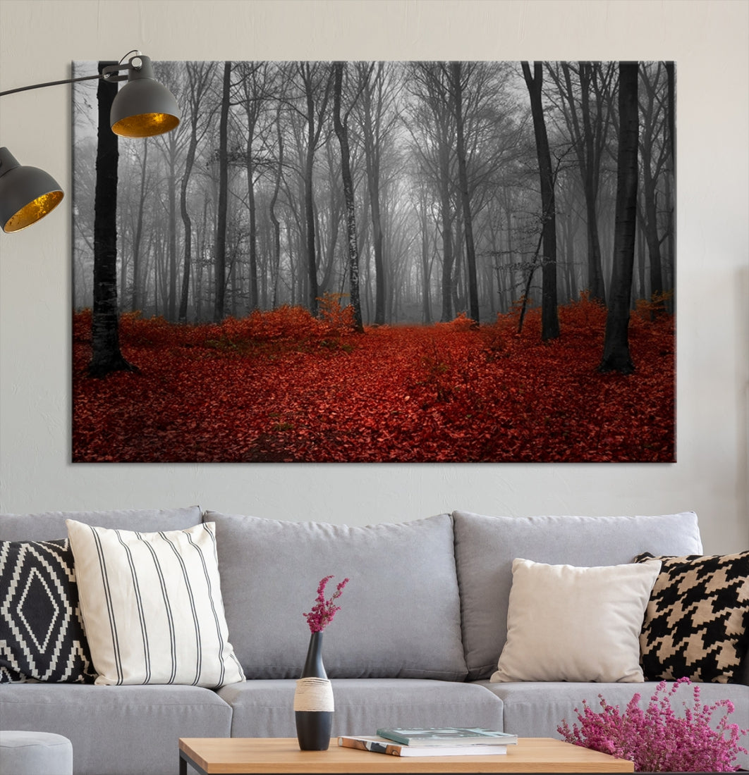 Foggy Forest with Red Leaves Autumn Landscape Giclee Canvas Extra Large Wall Art Print