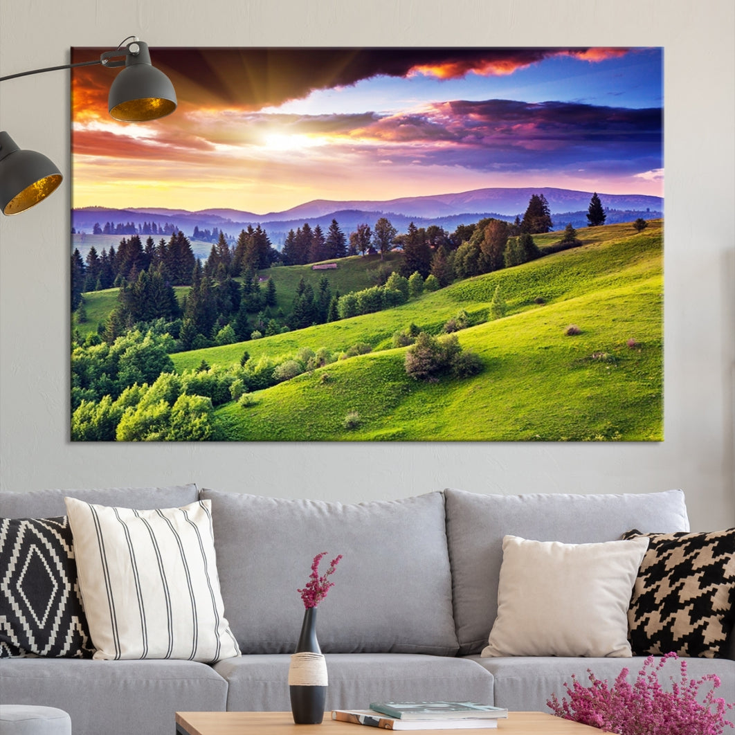 Large Wall Art Sparse Forest on Mountain at Sunset Landscape Canvas Print