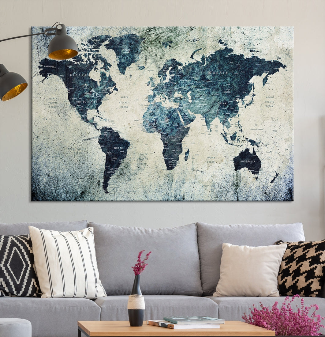 Extra Large World Map Wall Art Watercolor Painting on Canvas Print Grunge Vintage Decor