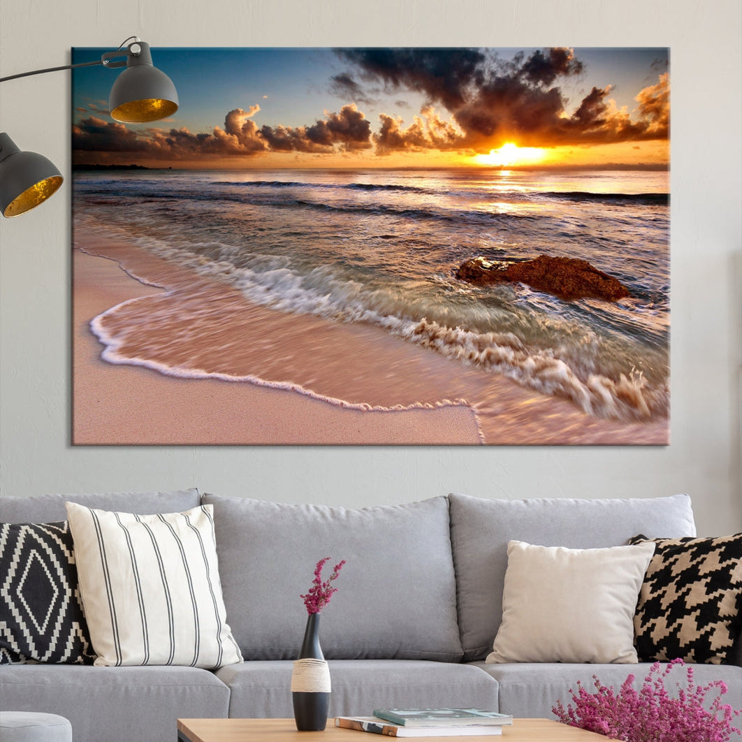 Breathtaking Sunset and Calm Beach Waves Canvas Wall Art Print