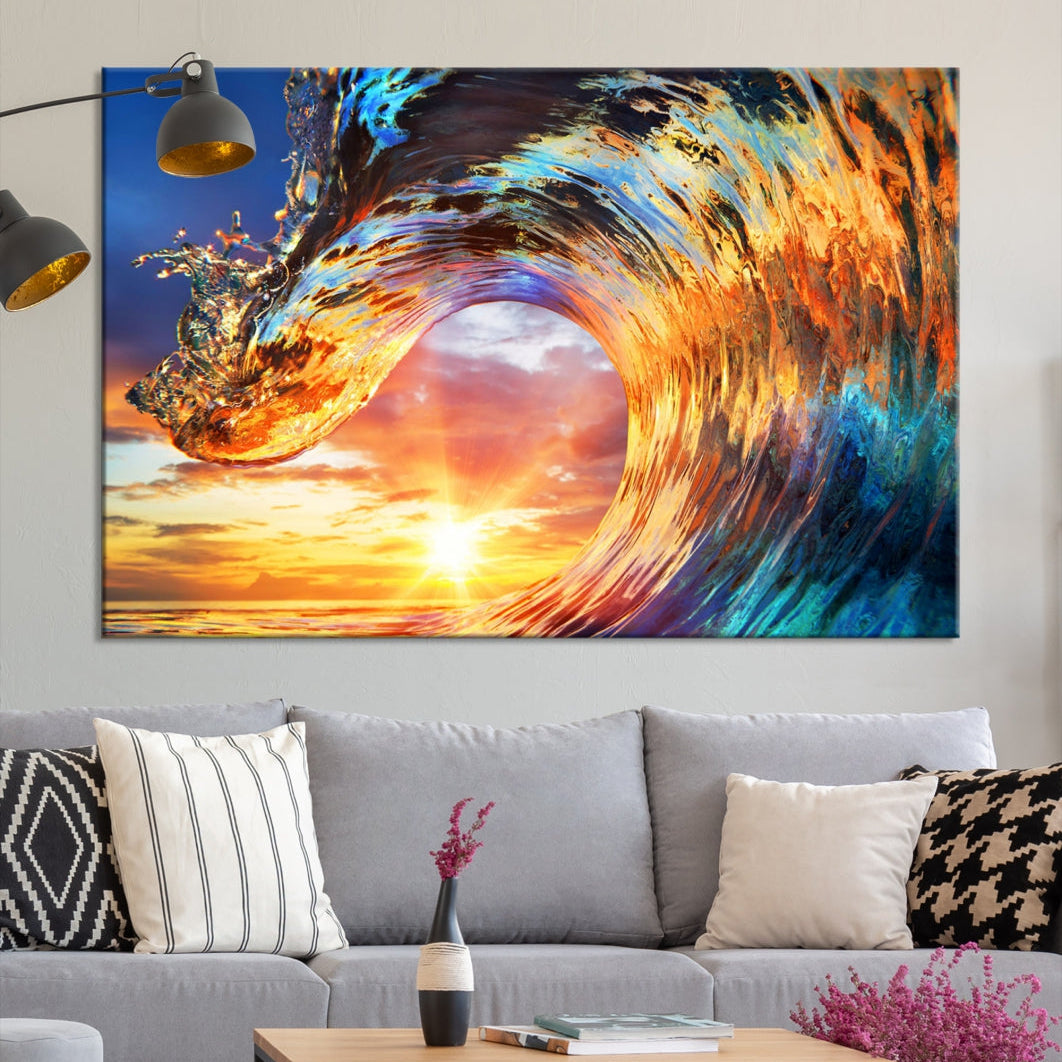 Large Canvas Wall Art Print of a Surface Wave Sunset Ocean