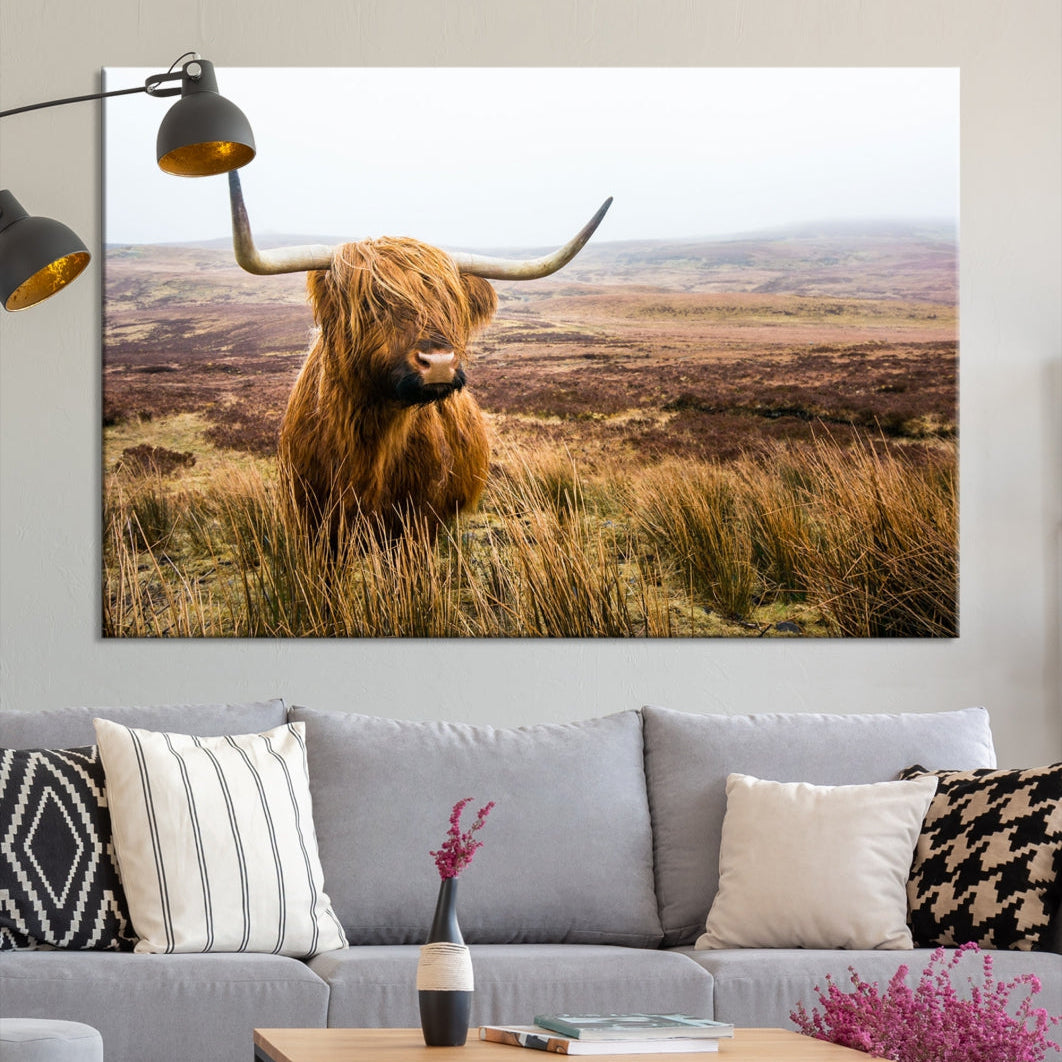 Highland Cow Canvas Wall Art Print Mountain Landscape Animal Canvas Art Home Office Decor Artwork for Living Room Framed and Stretched Ready to Hang Split Art Large Canvas Picture