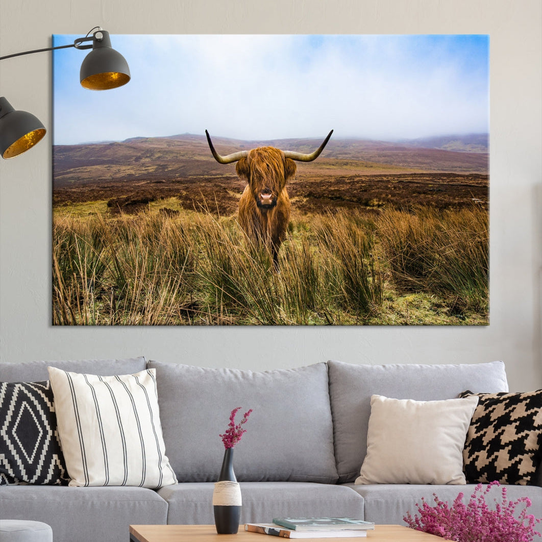 Highland Cow with Beautiful Landscape Canvas Wall Art Print Large Animal Art Print Farmhouse Ranch Farm Decor Cute Animals Cow Print Framed Ready to Hang Original Canvas Artwork