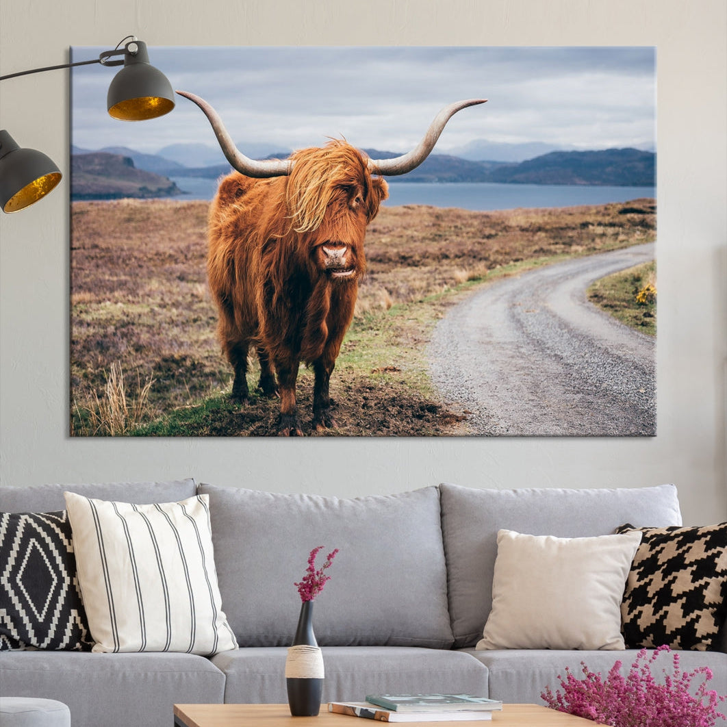 Highland Cow with Big Horn Canvas Wall Art Animal Photo Print Wall Decor