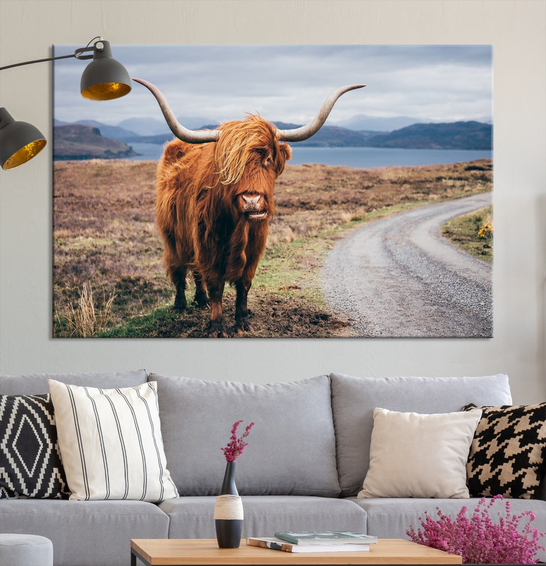 Highland Cow with Big Horn Canvas Wall Art Animal Photo Print Wall Decor