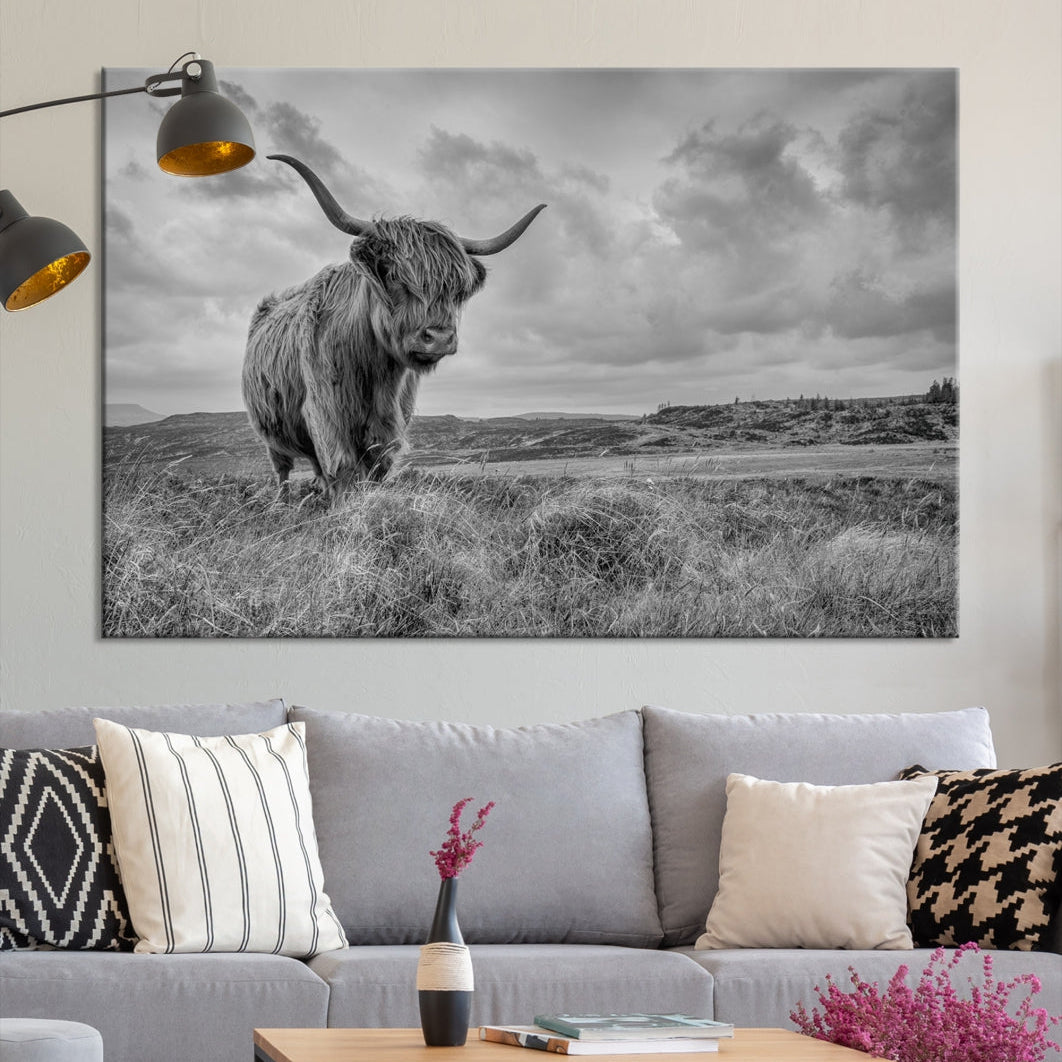 Grayscale Highland Cow Canvas Art Print Extra Large Animal Picture Print on Canvas