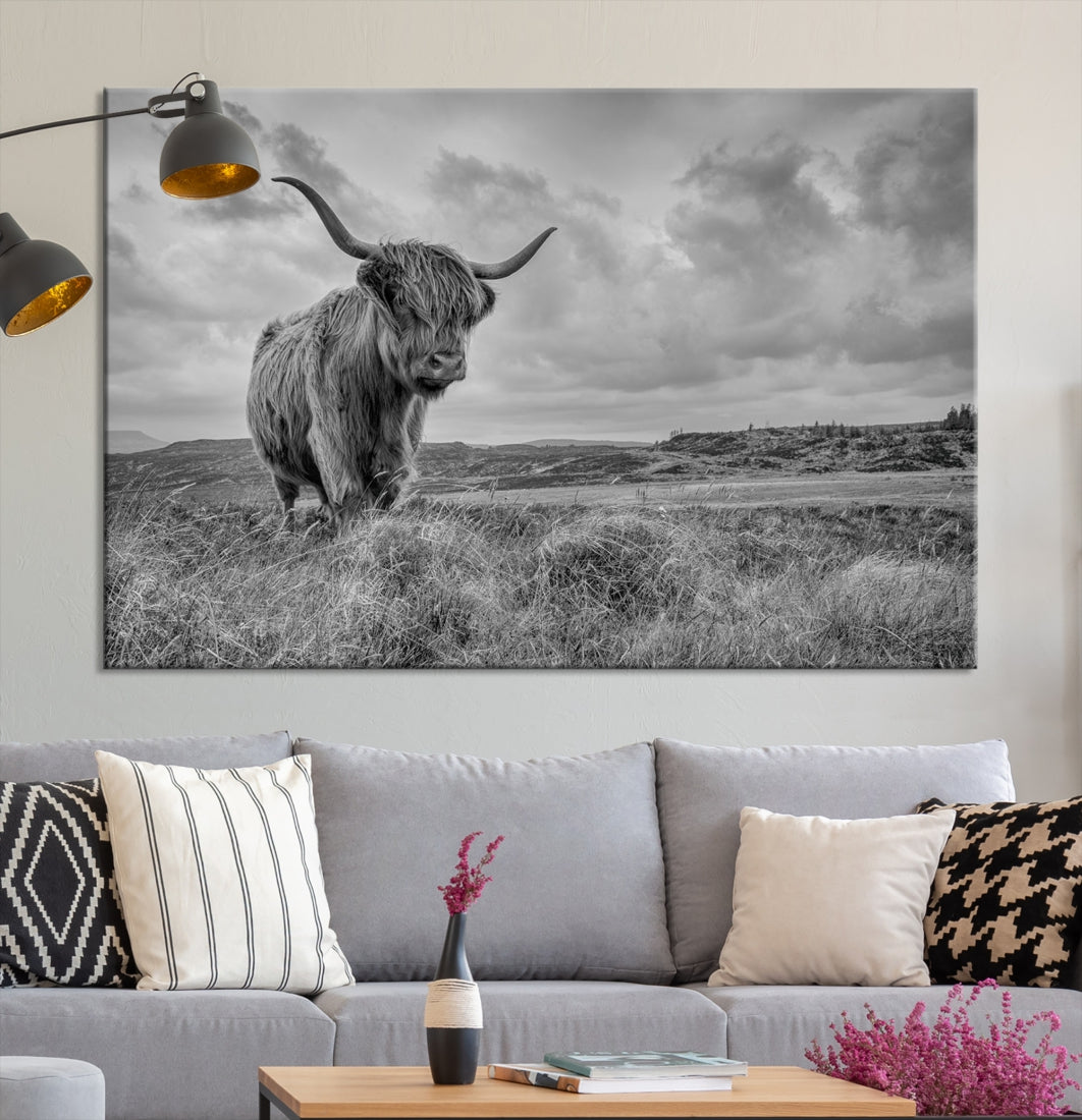 Grayscale Highland Cow Canvas Art Print Extra Large Animal Picture Print on Canvas