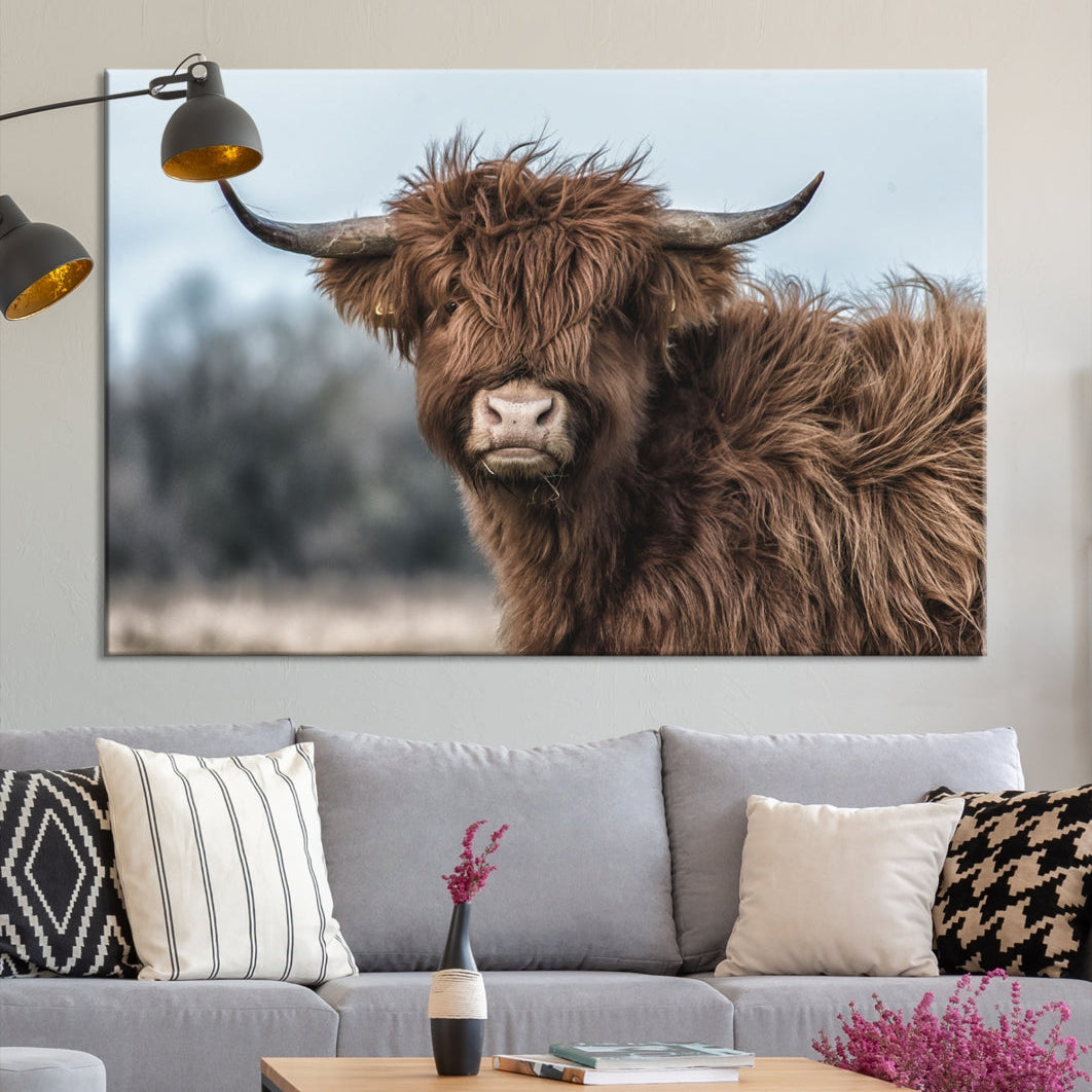 Fluffy Highland Cow Photograph Large Wall Art Canvas Print Cute Animals Picture Wall Decor Artwork for Living Room Farmhouse Printable Art Housewarming Gift Modern Home Art Decor