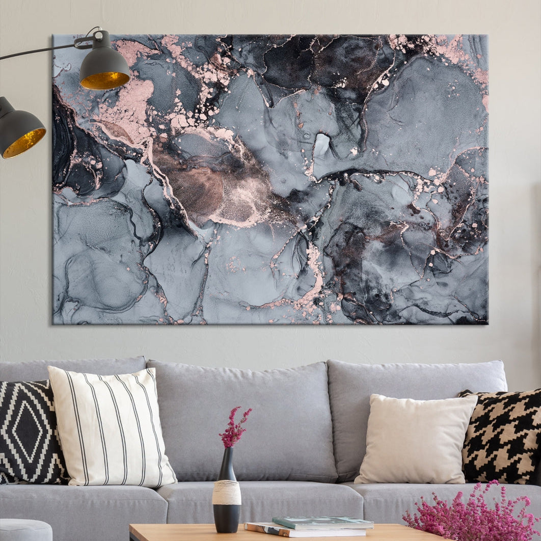 Gray and Rose Gold Marble Abstract Painting on Giclee Canvas Wall Art Print