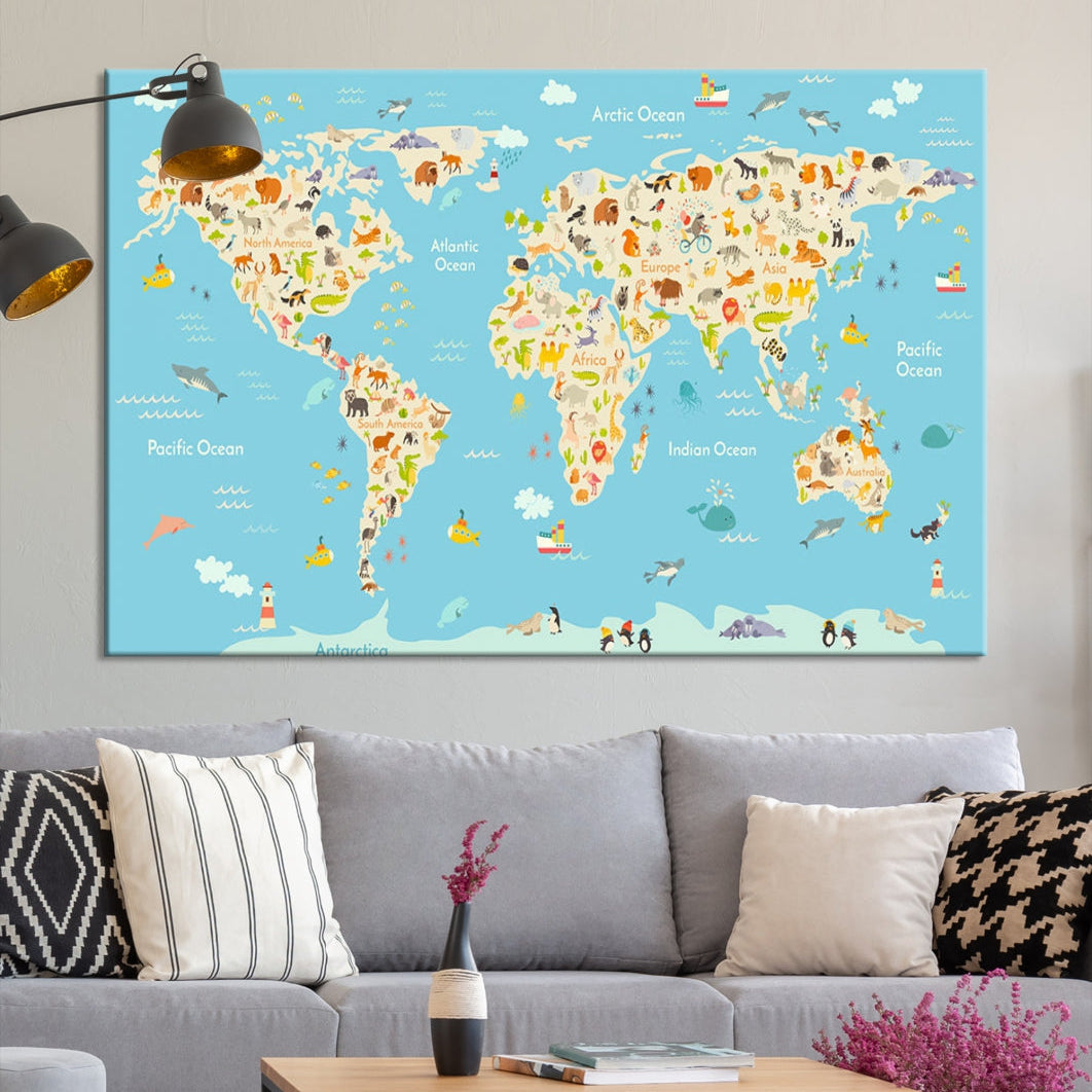 Animal World Map Canvas Wall Art Educational Print for Kids Room Wall Decor