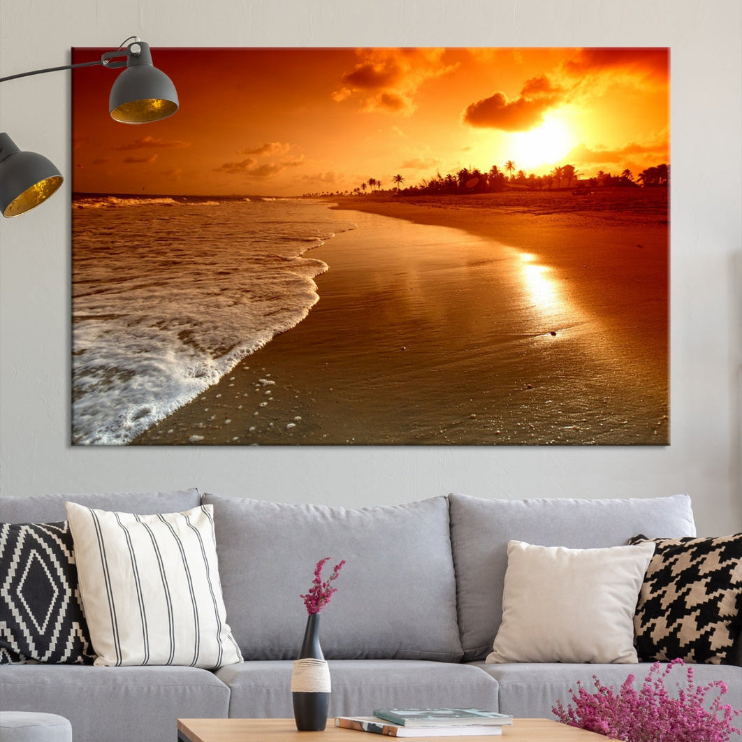 Ocean Beach Canvas Wall Art Beach Canvas, Coastal Sunset Tropical Island Beach Sunset Artwork Print