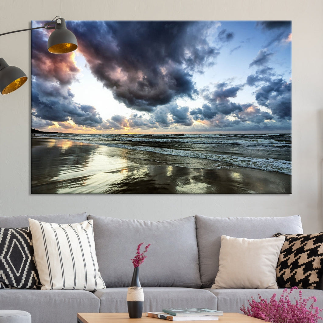 Cloudy Sky Calm Ocean Beach Nature Large Framed Canvas Art Print