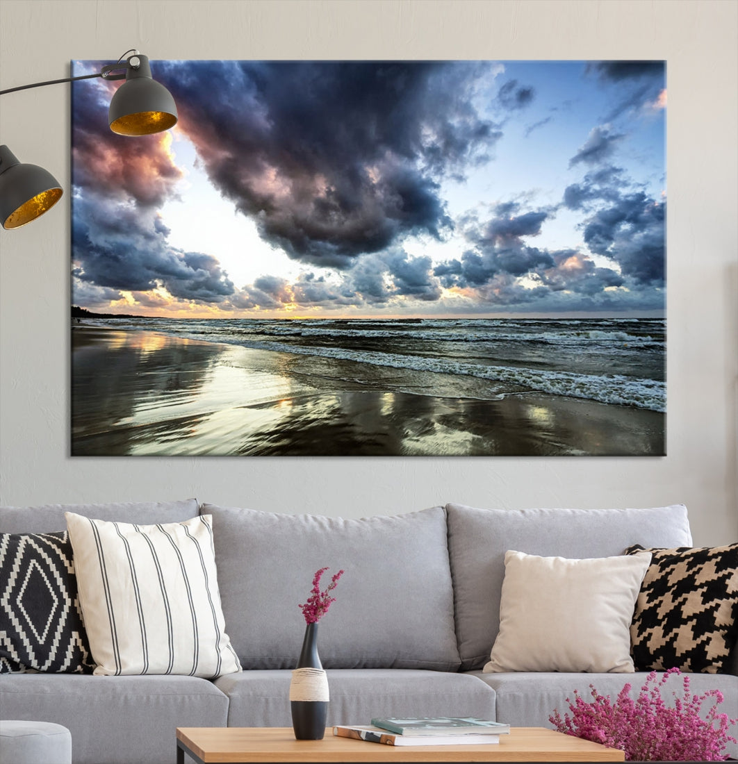 Cloudy Sky Calm Ocean Beach Nature Large Framed Canvas Art Print