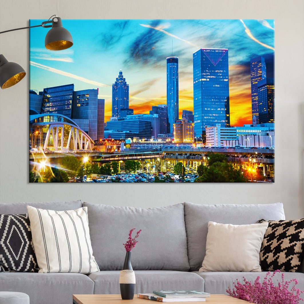 Mesmerizing Atlanta City Sunset Blue Skyline Cityscape Large Canvas Wall Art Print