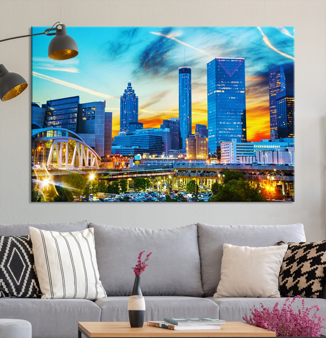 Mesmerizing Atlanta City Sunset Blue Skyline Cityscape Large Canvas Wall Art Print