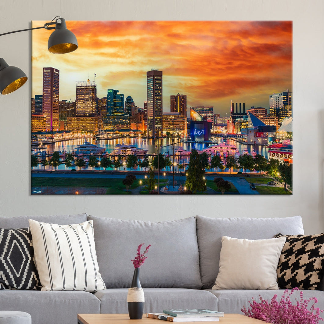 Sunset over Baltimore City Skyline Canvas Wall Art Large Cityscape Print