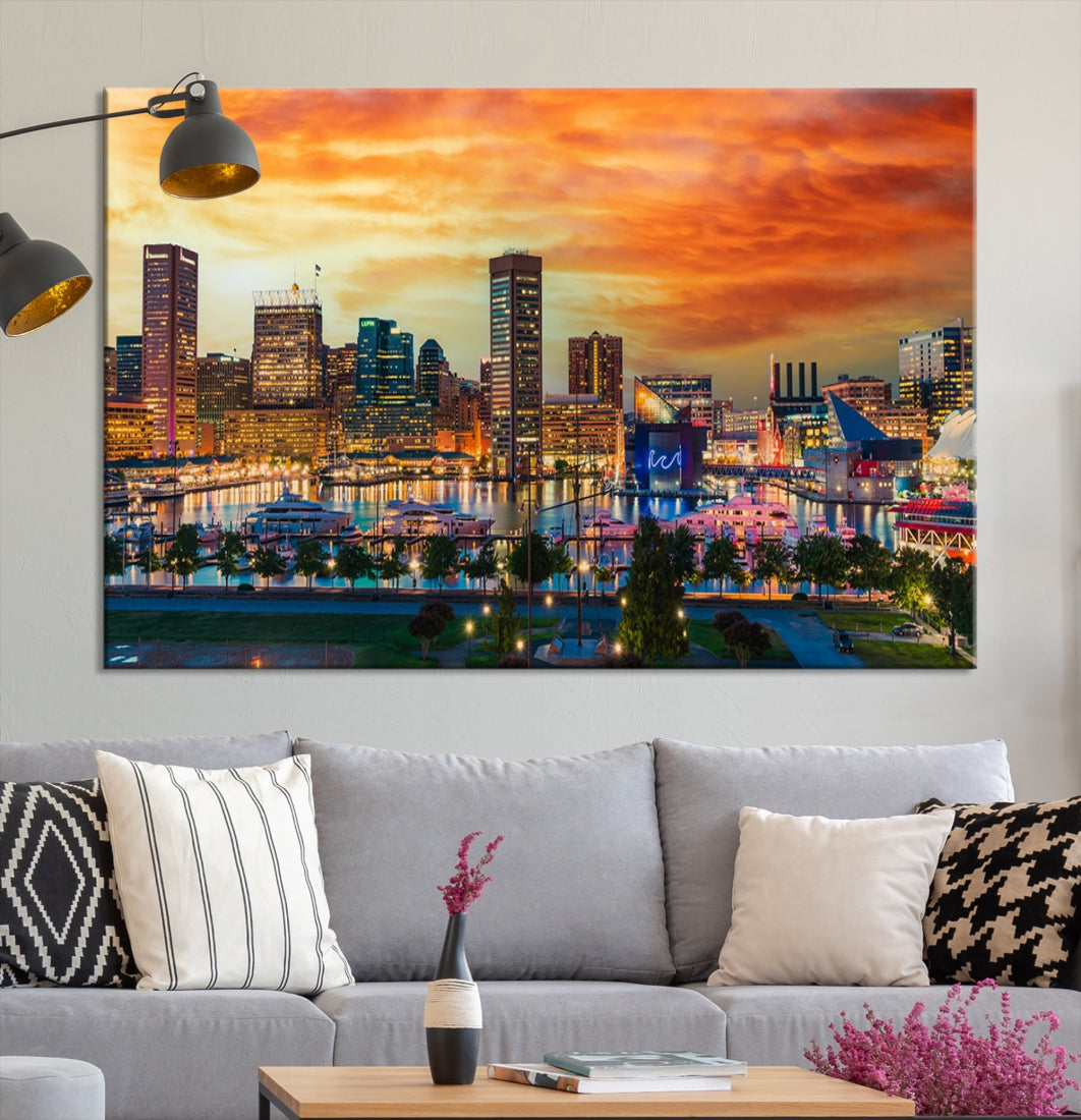 Sunset over Baltimore City Skyline Canvas Wall Art Large Cityscape Print