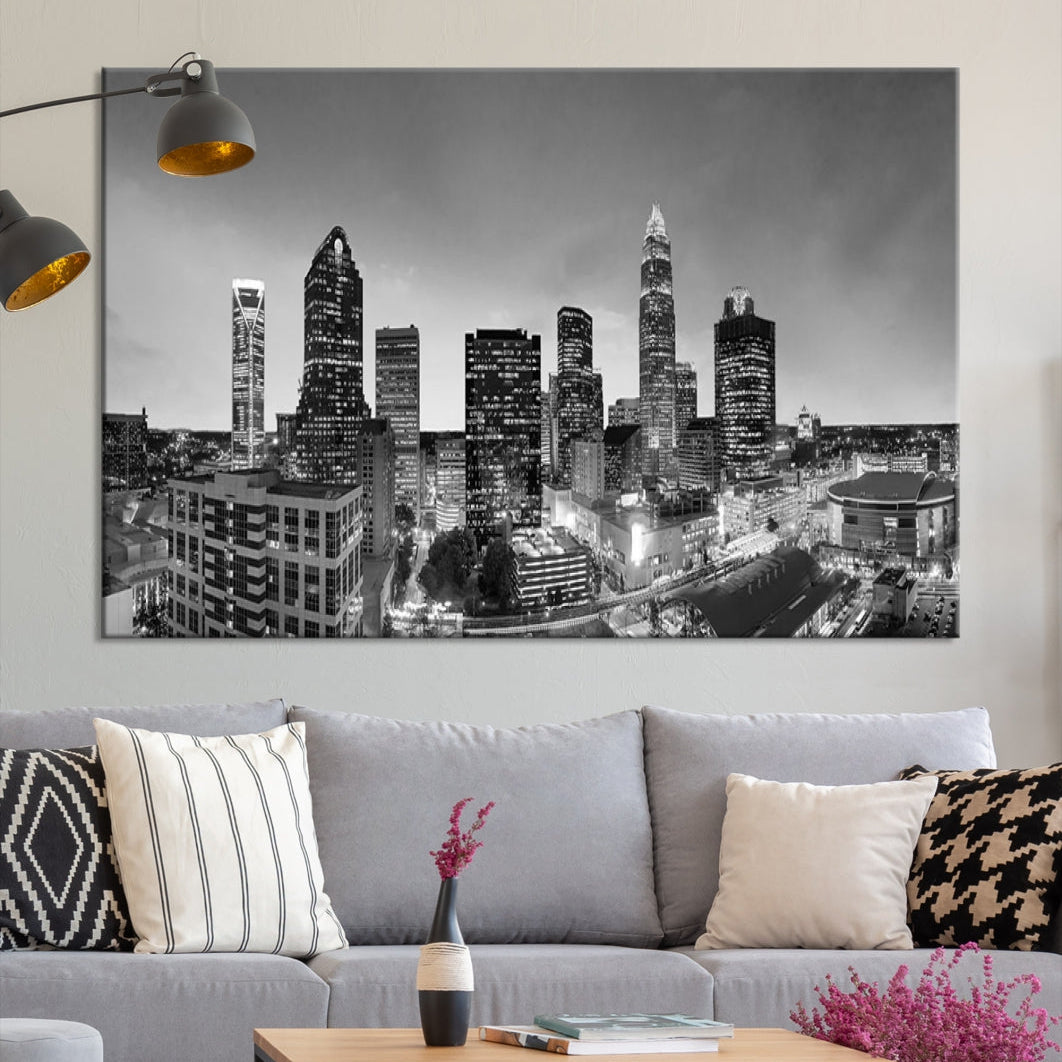 Aerial Charlotte City Skyline Wall Art Black and White Cityscape Canvas Print