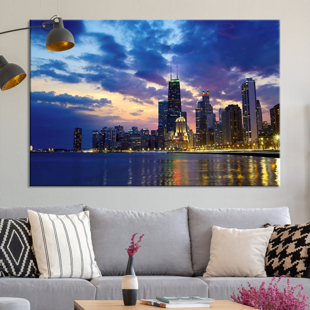 Blue Chicago Night Skyline Downtown Cityscape Large Wall Art Canvas Print