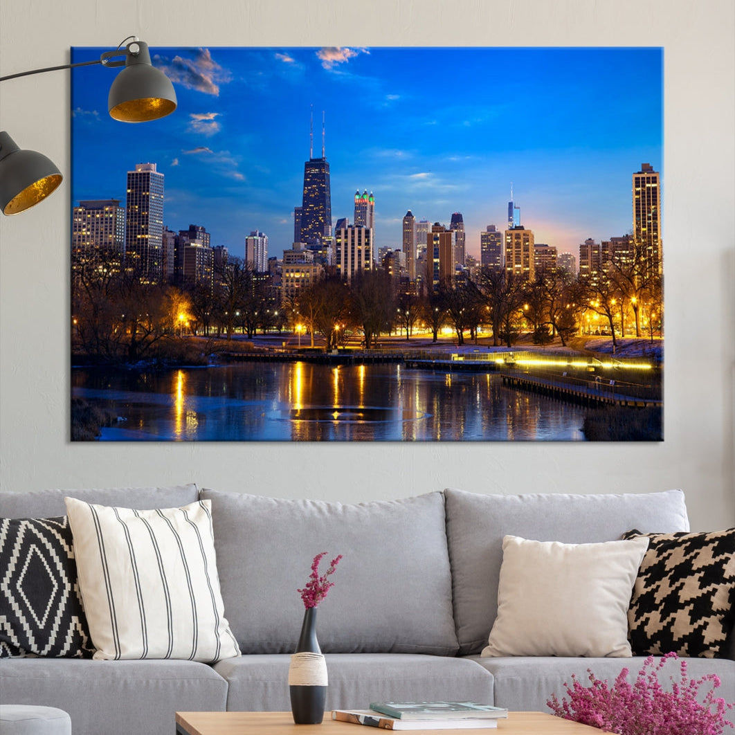 Large Chicago Skyline Wall Art Night Cityscape Canvas Print Home Decor