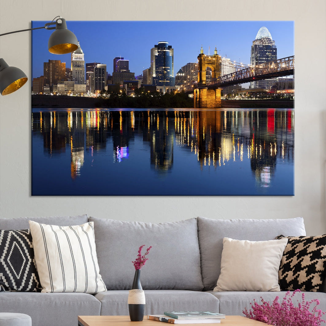 Cincinnati Night Skyline Reflections Large Cityscape Wall Art Canvas Print