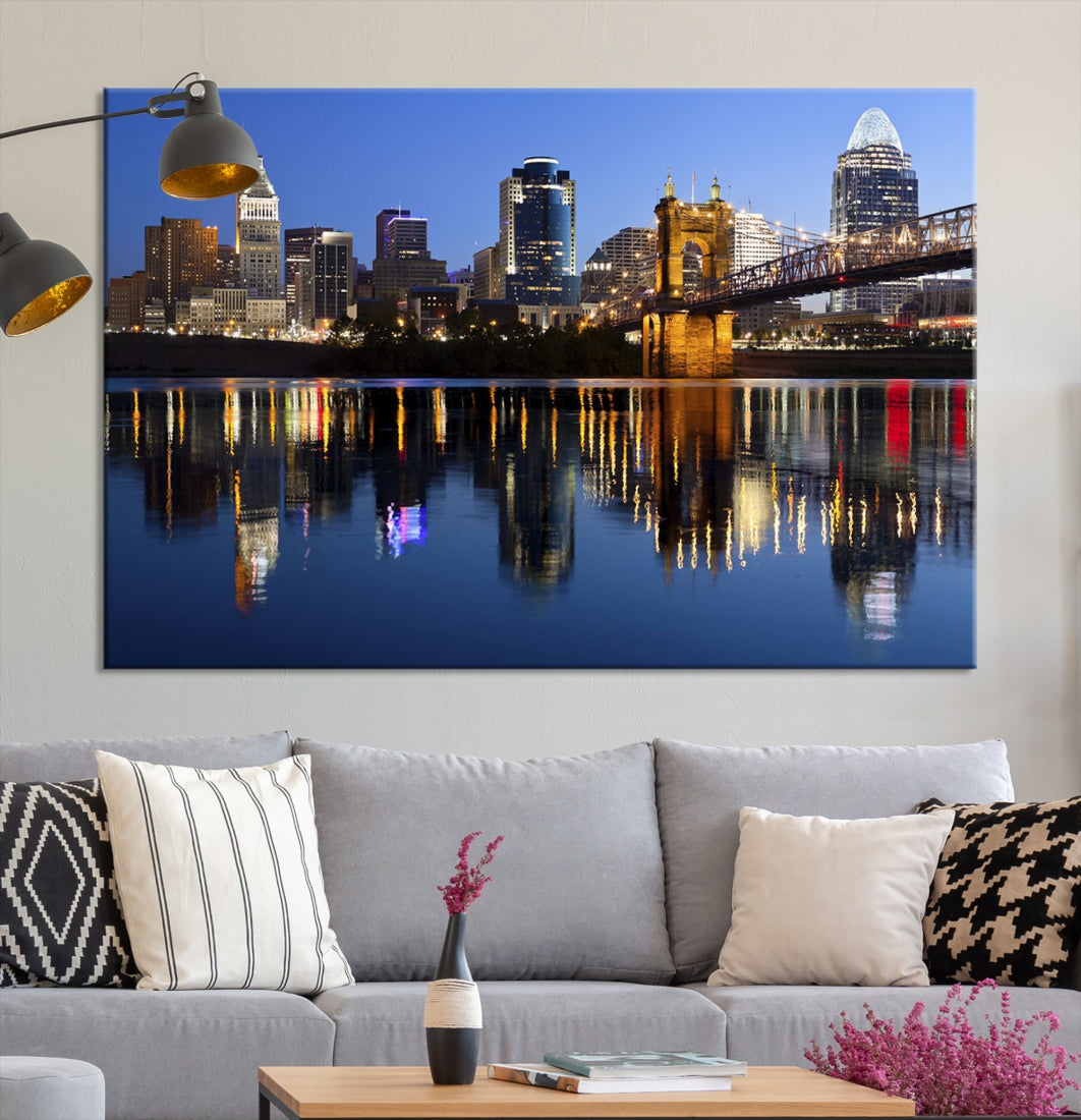 Cincinnati Night Skyline Reflections Large Cityscape Wall Art Canvas Print