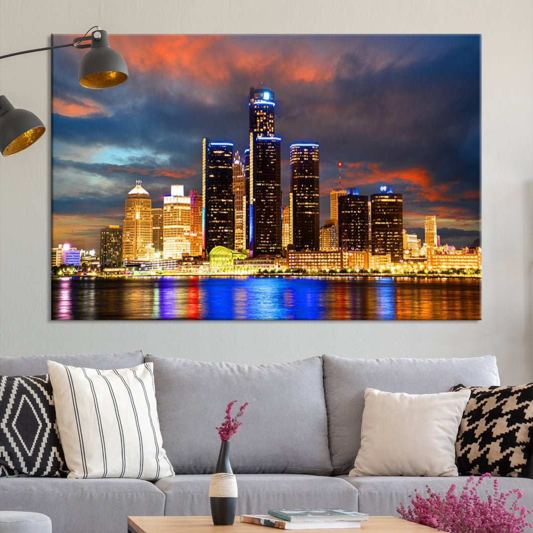 Bright Detroit Skyline Picture Print Skyline Wall Art Canvas Ready to Hang