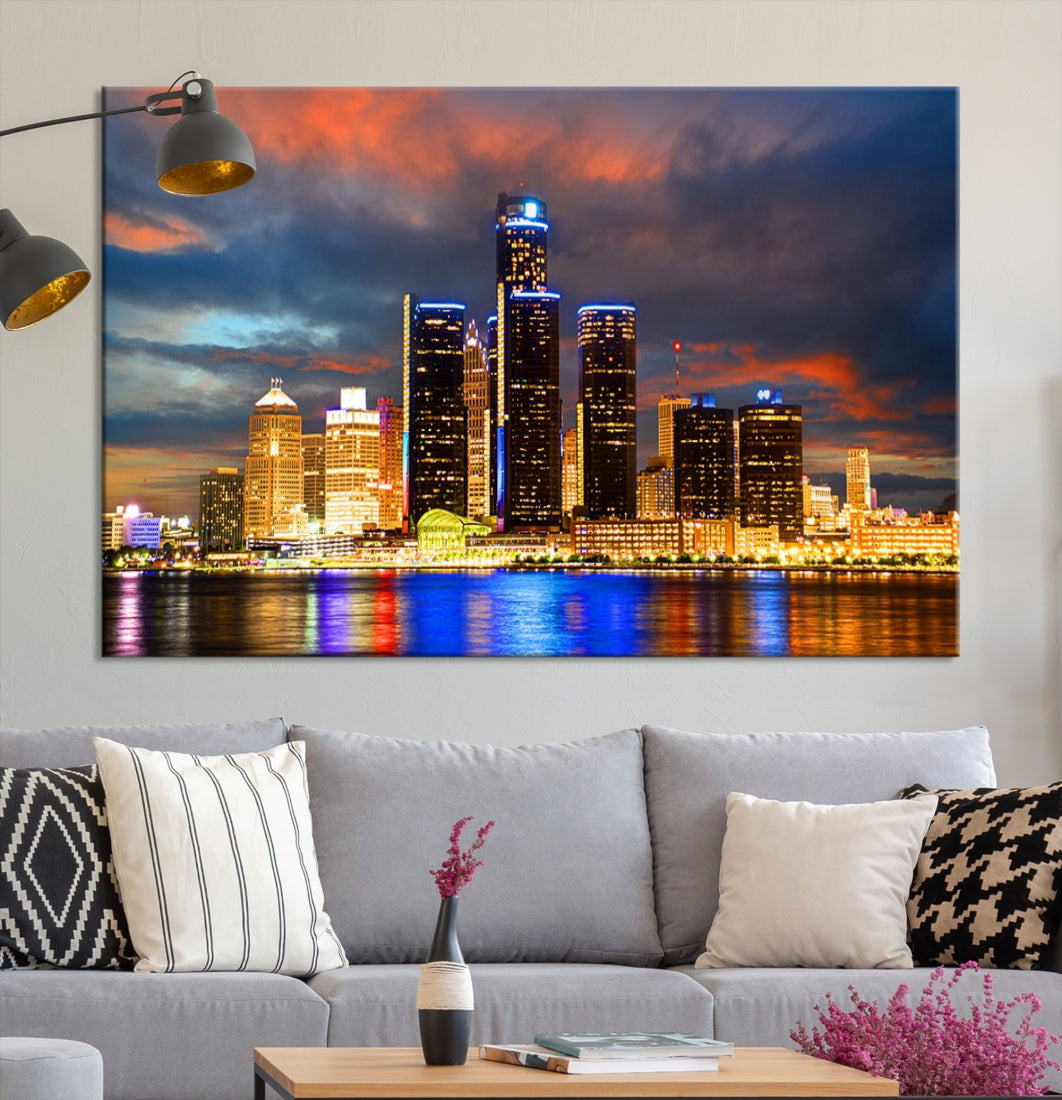 Bright Detroit Skyline Picture Print Skyline Wall Art Canvas Ready to Hang