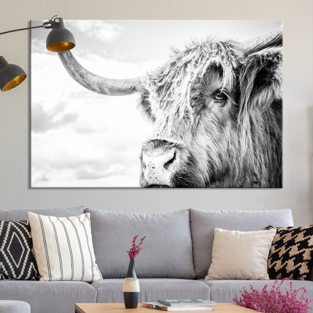 Highland Cow Canvas Wall Art Farmhouse Decor Cow Black White Print Rustic Wall Decor Animals Painting Scottish Cow Wall