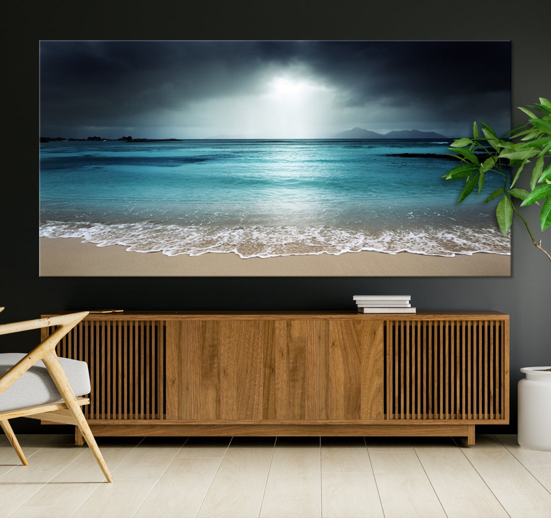 Dark Sky Bright Ocean Beach Large Wall Art Canvas Print