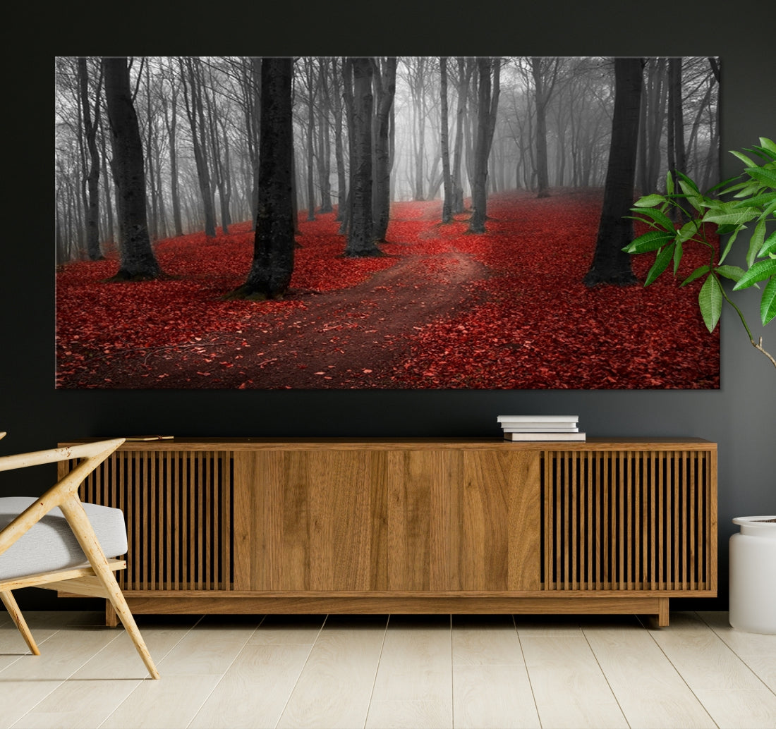 Wonderful Forest with Red Leaves on Ground Large Wall Art Landscape Canvas Print